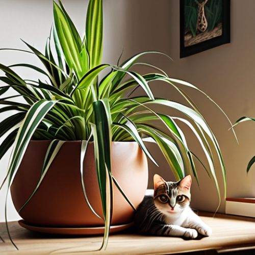 **A cozy home interior with a happy cat and healthy spider plant.** Focus on creating a warm, inviting atmosphere. The cat should be playful but not destructive, and the spider plant should be thriving, showcasing a harmonious relationship between pet and plant.