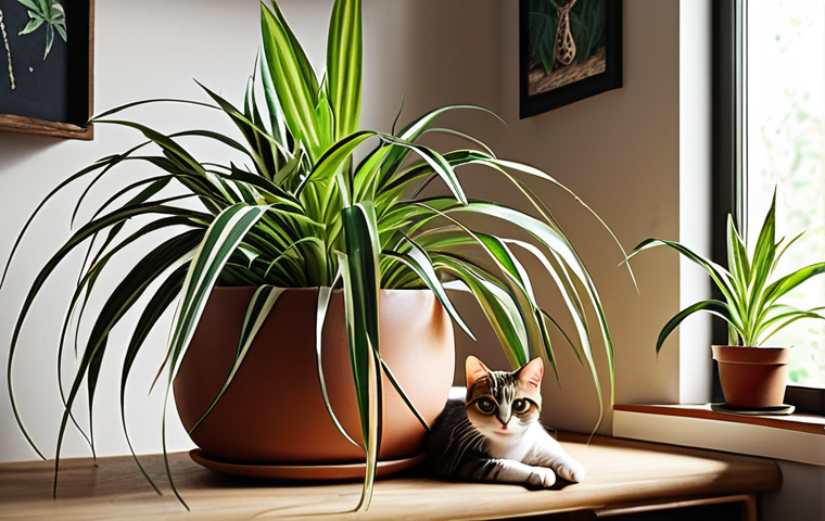 **A cozy home interior with a happy cat and healthy spider plant.** Focus on creating a warm, inviting atmosphere. The cat should be playful but not destructive, and the spider plant should be thriving, showcasing a harmonious relationship between pet and plant.