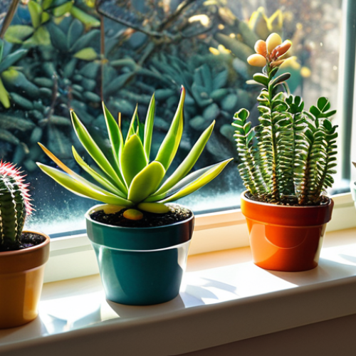 **

"A collection of various succulent plants in colorful pots, arranged on a bright windowsill during winter. Sunlight streams in, highlighting the textures of the leaves. The succulents are fully clothed in healthy foliage. safe for work, appropriate content, fully clothed, professional photography, perfect anatomy, natural proportions, high quality, family-friendly."

**