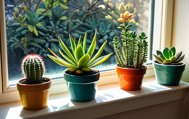 **

"A collection of various succulent plants in colorful pots, arranged on a bright windowsill during winter. Sunlight streams in, highlighting the textures of the leaves. The succulents are fully clothed in healthy foliage. safe for work, appropriate content, fully clothed, professional photography, perfect anatomy, natural proportions, high quality, family-friendly."

**