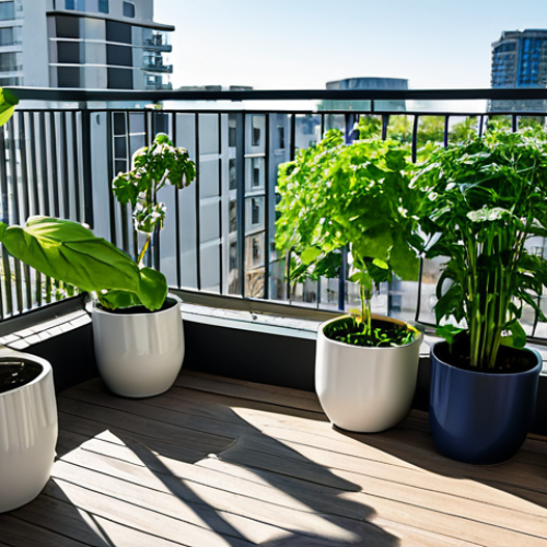 Modern Balcony Garden**

A diverse array of fully clothed, healthy green plants growing in various modern hydroponic planters on a sunlit balcony. Some plants are leafy greens, others are flowering. Include hanging planters, table-top planters, and floor planters. Background shows a glimpse of a cityscape. Safe for work, appropriate content, fully clothed, professional, perfect anatomy, correct proportions, natural pose, high quality.

**