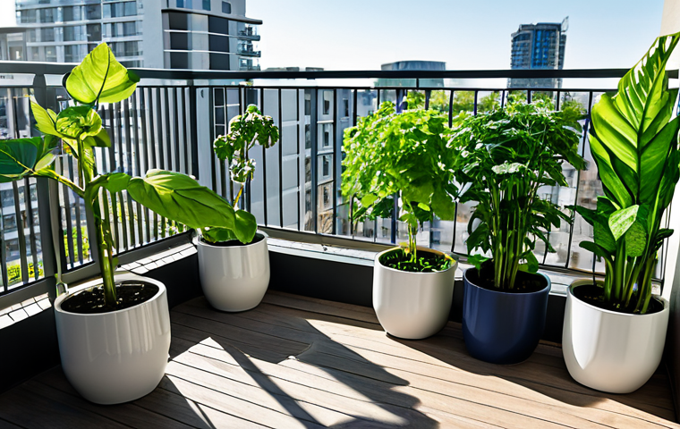 Modern Balcony Garden**

A diverse array of fully clothed, healthy green plants growing in various modern hydroponic planters on a sunlit balcony. Some plants are leafy greens, others are flowering. Include hanging planters, table-top planters, and floor planters. Background shows a glimpse of a cityscape. Safe for work, appropriate content, fully clothed, professional, perfect anatomy, correct proportions, natural pose, high quality.

**