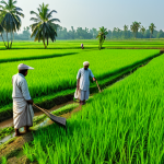 A lush green paddy field in rural Bengal, with farmers working diligently under a bright sun, fully clothed in traditional Bengali attire, appropriate content, safe for work, professional, perfect anatomy, natural proportions, family-friendly.