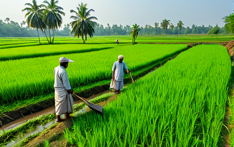 A lush green paddy field in rural Bengal, with farmers working diligently under a bright sun, fully clothed in traditional Bengali attire, appropriate content, safe for work, professional, perfect anatomy, natural proportions, family-friendly.