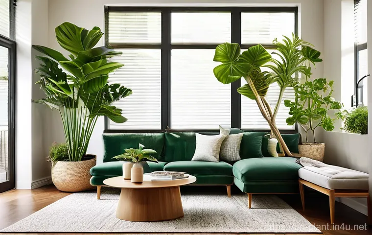 인테리어 식물 배치 아이디어 - **Cozy Living Room Oasis with Abundant Greenery**
    A bright, inviting living room filled with a v...