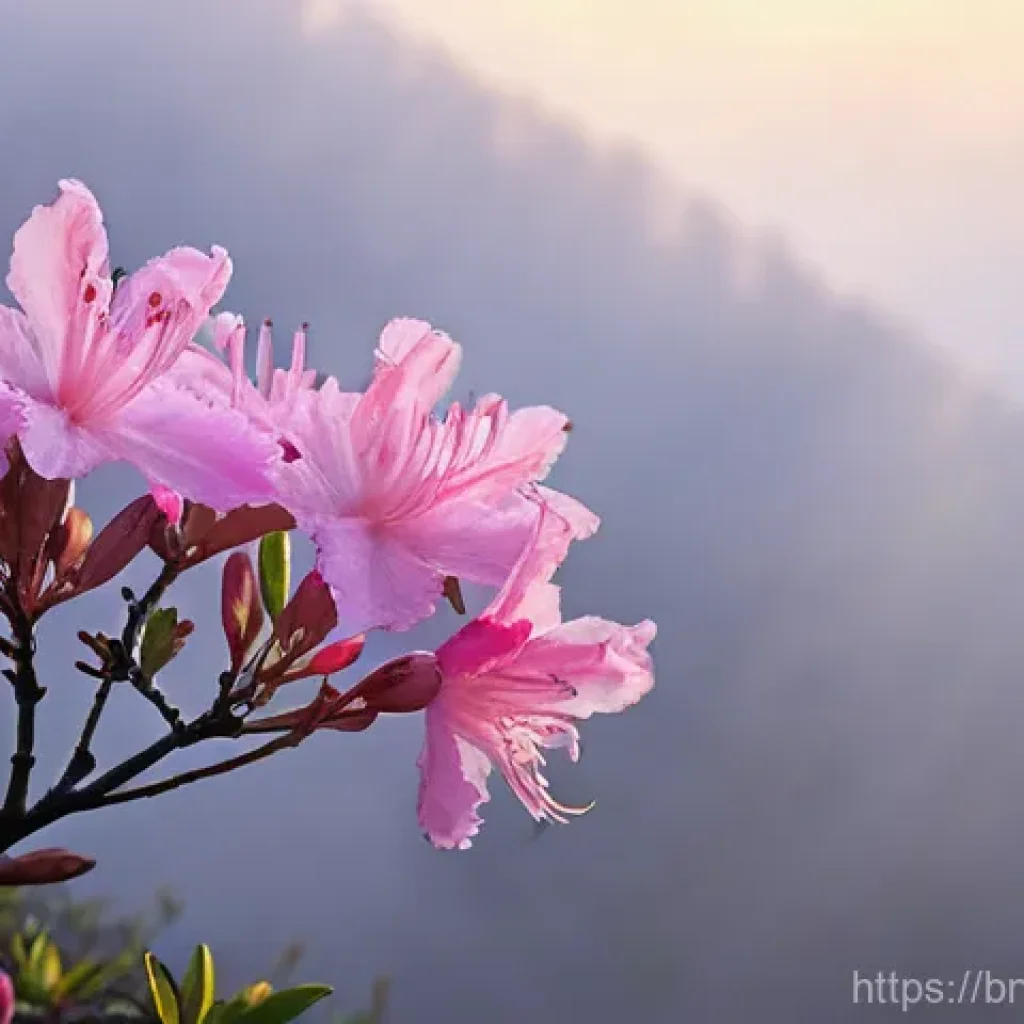 철쭉과 진달래 차이점 - **Prompt: Early Spring Azalea in Mountain Mist**
"A breathtaking close-up shot of an early sprin...