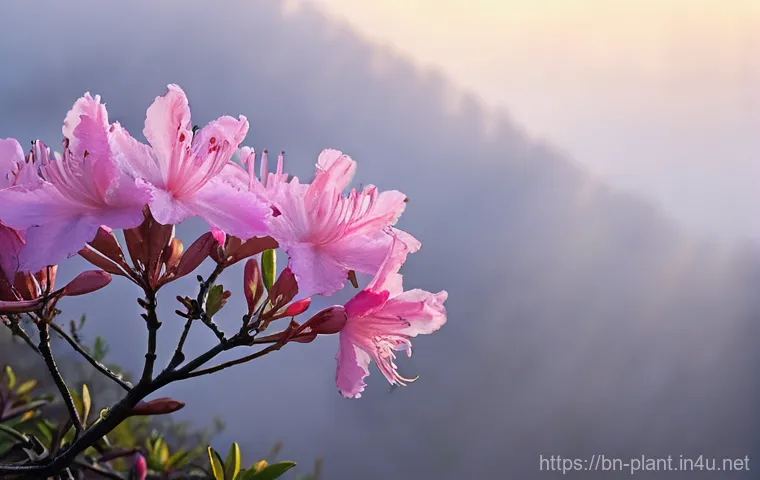 철쭉과 진달래 차이점 - **Prompt: Early Spring Azalea in Mountain Mist**
    "A breathtaking close-up shot of an early sprin...