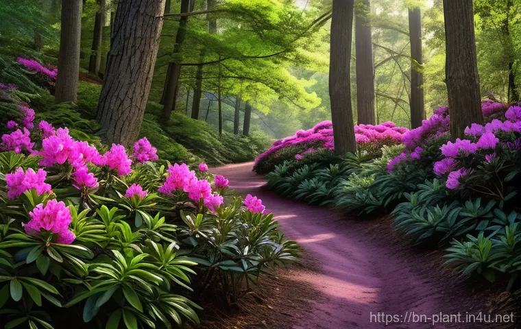 철쭉과 진달래 차이점 - **Prompt: Vibrant Rhododendron Garden Display**
    "A lush and vibrant garden scene featuring a mag...