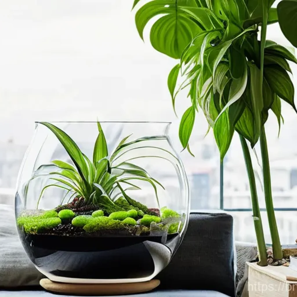 유리병을 활용한 실내 가드닝 - **Prompt:** A serene and minimalist urban apartment living room bathed in soft, indirect sunlight st...