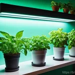 Home 20 식물 성장 촉진 LED 라이트 추천 - **Prompt:** A vibrant, thriving indoor garden bathed in the soft glow of modern full-spectrum LED pa...