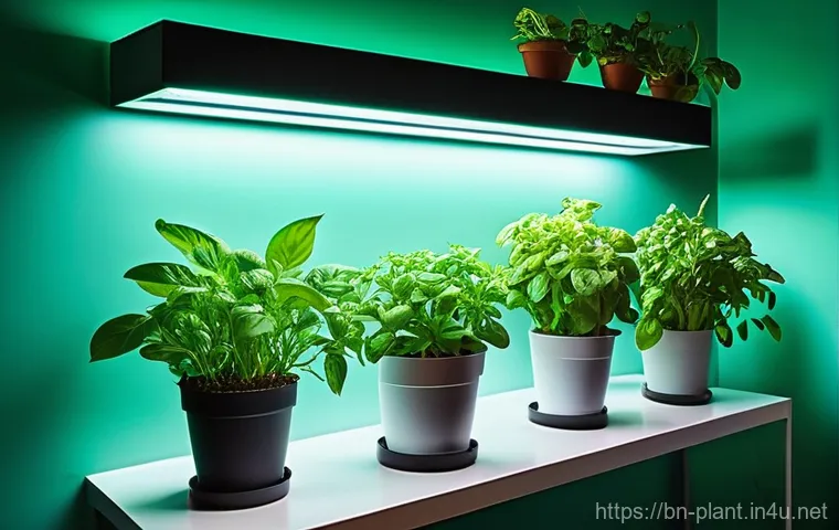 식물 성장 촉진 LED 라이트 추천 - **Prompt:** A vibrant, thriving indoor garden bathed in the soft glow of modern full-spectrum LED pa...
