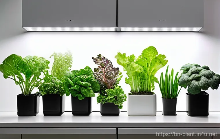 식물 성장 촉진 LED 라이트 추천 - **Prompt:** A vibrant, thriving indoor garden bathed in the soft glow of modern full-spectrum LED pa...
