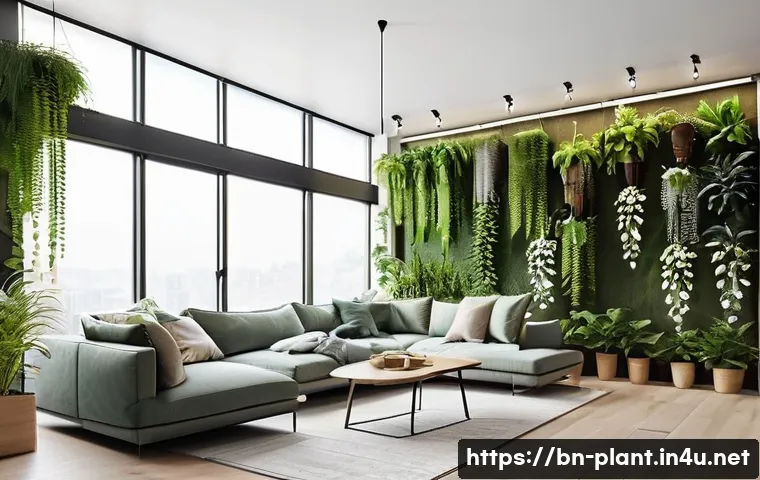 자연광 부족한 환경에서 식물 키우기 - **Prompt 2: Urban Vertical Garden Charm**
A modern and brightly lit urban apartment living space...