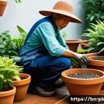 Home 18 장마철 식물 관리법 - **Monsoon Garden Drainage and Elevated Pots:**
"A vibrant, lush green garden under a gentle mons...