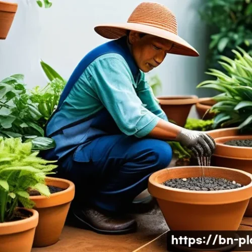 Home 30 장마철 식물 관리법 - **Monsoon Garden Drainage and Elevated Pots:**
"A vibrant, lush green garden under a gentle mons...