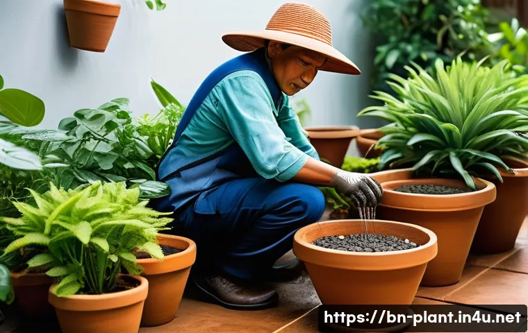 장마철 식물 관리법 - **Monsoon Garden Drainage and Elevated Pots:**
"A vibrant, lush green garden under a gentle mons...