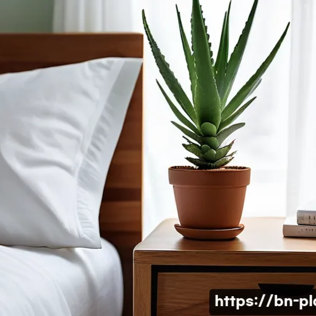 공기정화식물 효과 비교 - A serene bedroom scene featuring a medium-sized Aloe Vera plant on a wooden nightstand next to a nea...