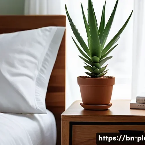 Home 29 공기정화식물 효과 비교 - A serene bedroom scene featuring a medium-sized Aloe Vera plant on a wooden nightstand next to a nea...