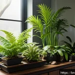 Home 21 식물 전용 가습기 활용법 - A serene indoor garden scene featuring a variety of plants such as ferns, orchids, succulents, palms...