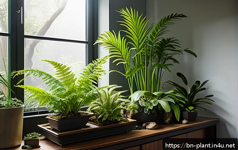 식물 전용 가습기 활용법 - A serene indoor garden scene featuring a variety of plants such as ferns, orchids, succulents, palms...